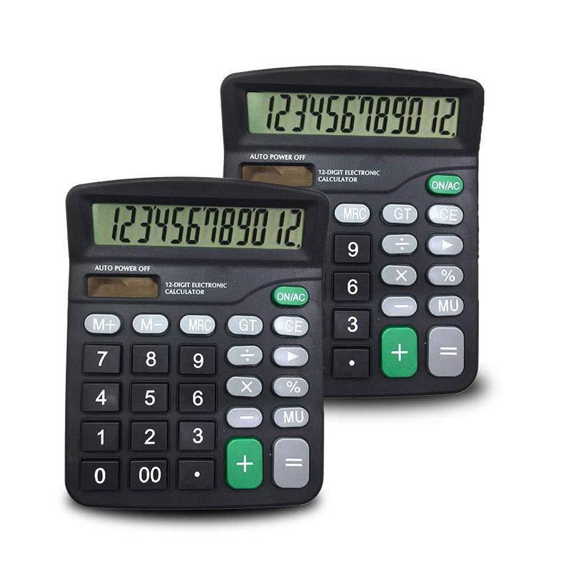 SourceTon 2 Packs of 12-Digit Standard Desktop Calculator, Basic Handheld Calculator with Large LCD Display and Large Buttons, Dual Powered Office Calculator, Black