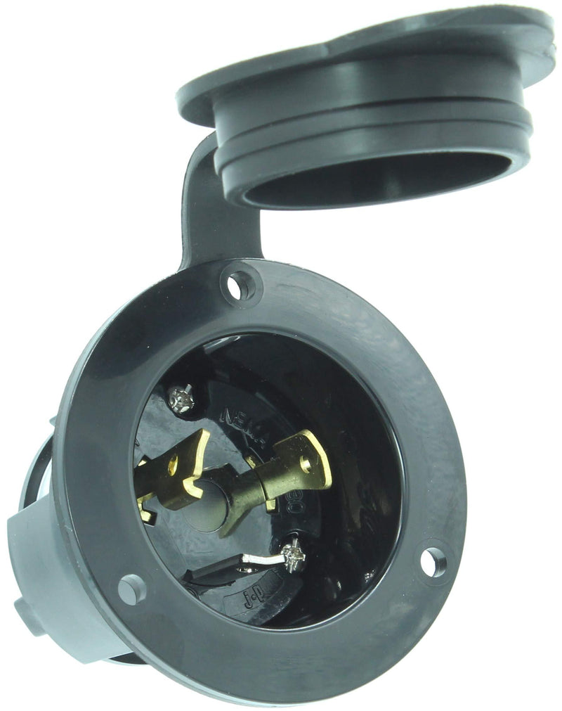 Journeyman-Pro 2315, NEMA L5-20 Flanged Inlet Generator Plug, 20A 125 Volt, Locking Receptacle Socket, Black Industrial Grade, Grounding 2500 Watts (With Waterproof Cover) With Waterproof Cover
