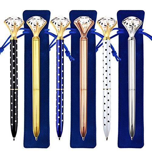 Coopay 6 Pieces Crystal Diamond Pens Bling Rhinestone Metal Ballpoint Pens Black Ink and 6 Pack Navy Blue Velvet Bags for School Office