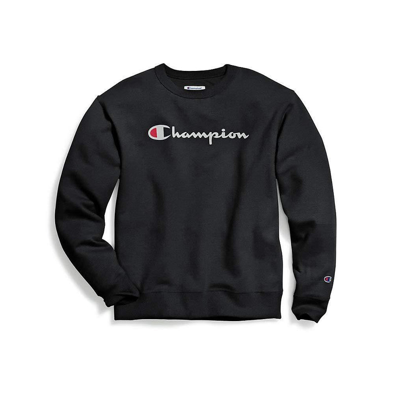 Champion Men's Powerblend Fleece Crew, Script Logo Large Black-y06794