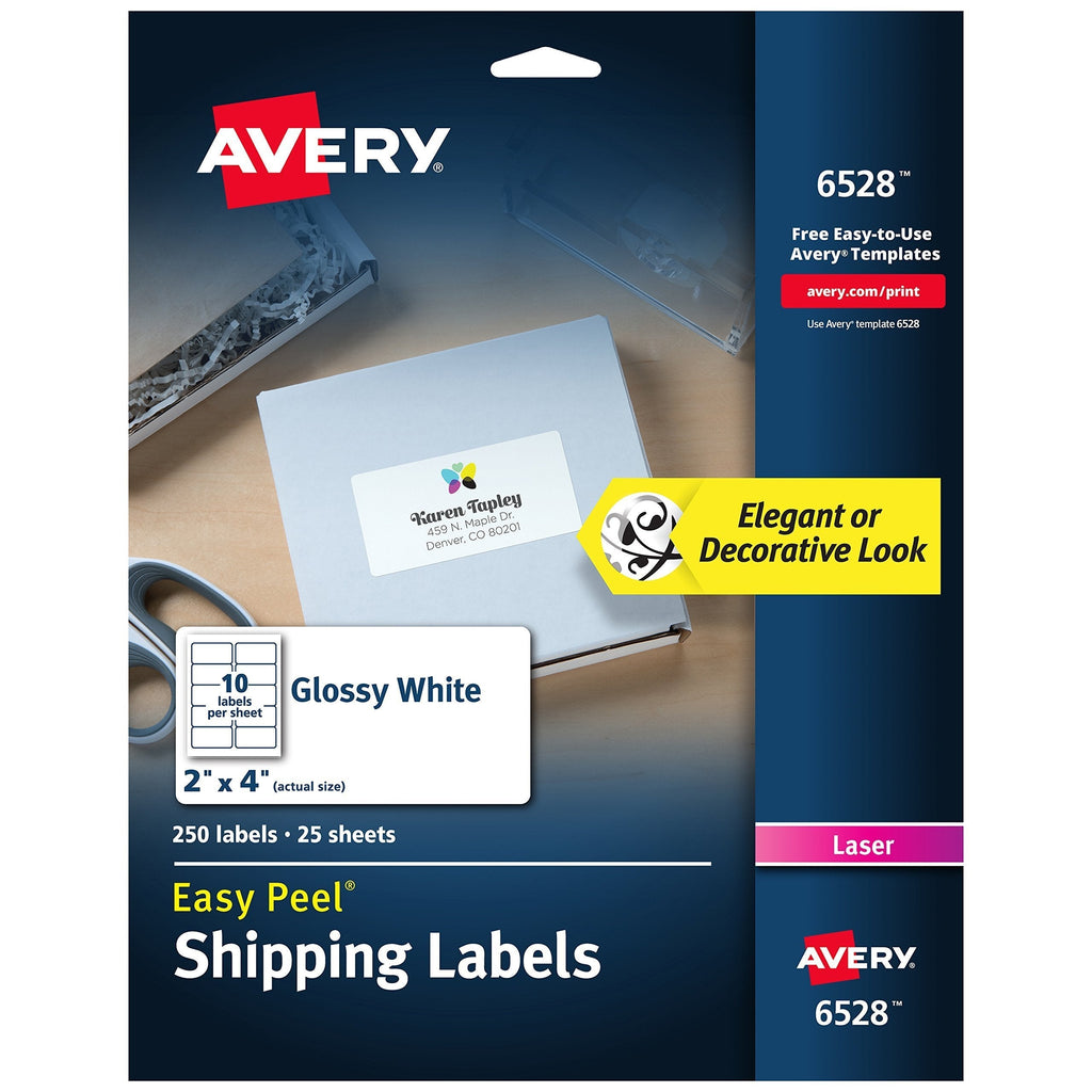 Avery Glossy White Address Labels for Laser Printers, 2" x 4", 250 Labels, (6528)