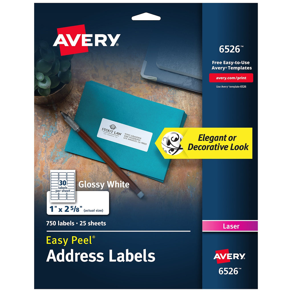 Avery Return Address Labels for Laser Printers, 1" x 2-5/8", 750 Glossy White Labels (6526) 750 labels