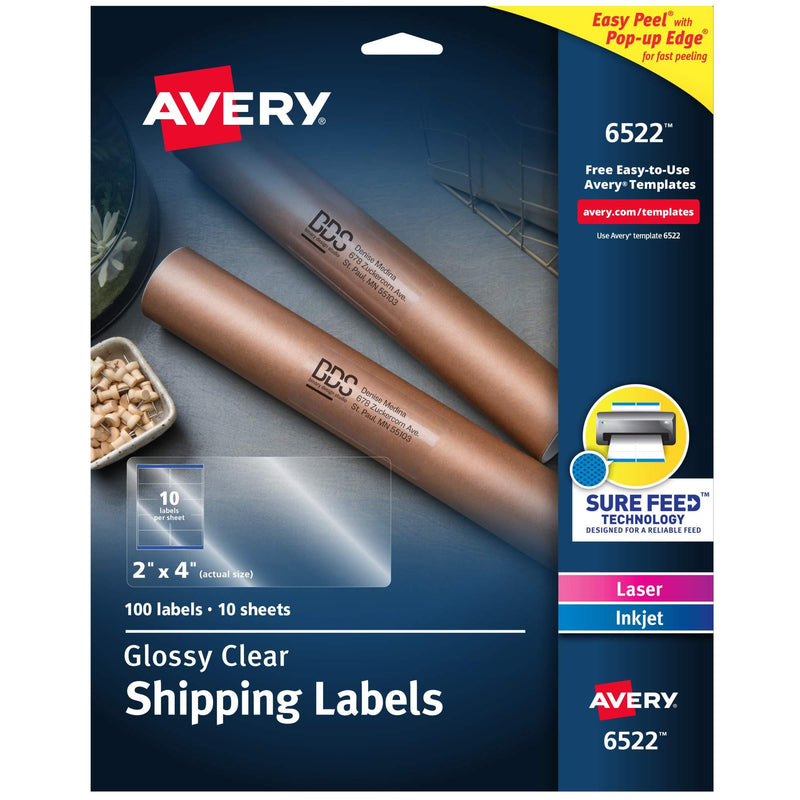 Avery Glossy Crystal Clear Address Labels for Laser & Inkjet Printers, 2" x 4", 100 Labels (6522) 1 Pack