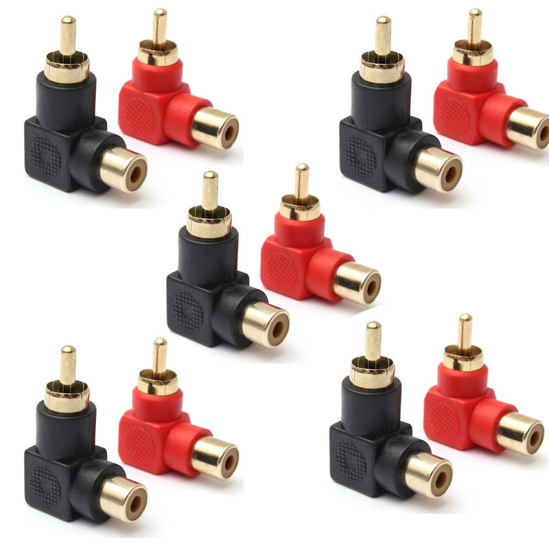 RCA Male to RCA Female Connectors Right Angle Plug Adapters M/F 90 Degree Elbow Gold-Plated (5 Black + 5 Red) (10-Pack) 10-Pack