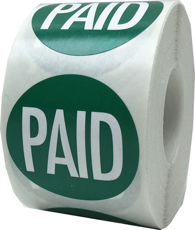 Green with White Paid Stickers, 1.5 Inches Round, 500 Labels on a Roll