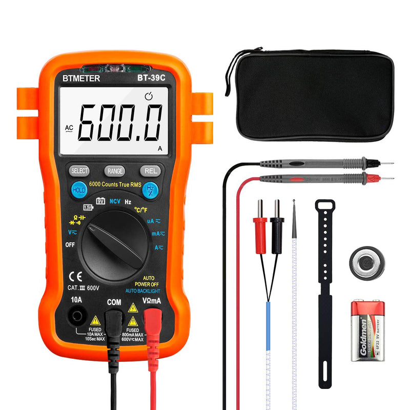 BTMETER BT-39C True RMS Digital Multimeter Auto Ranging for AC DC Voltage,Current, Resistance, Capacitance Tester with Temp Battery LED Test Auto Backlit Orange