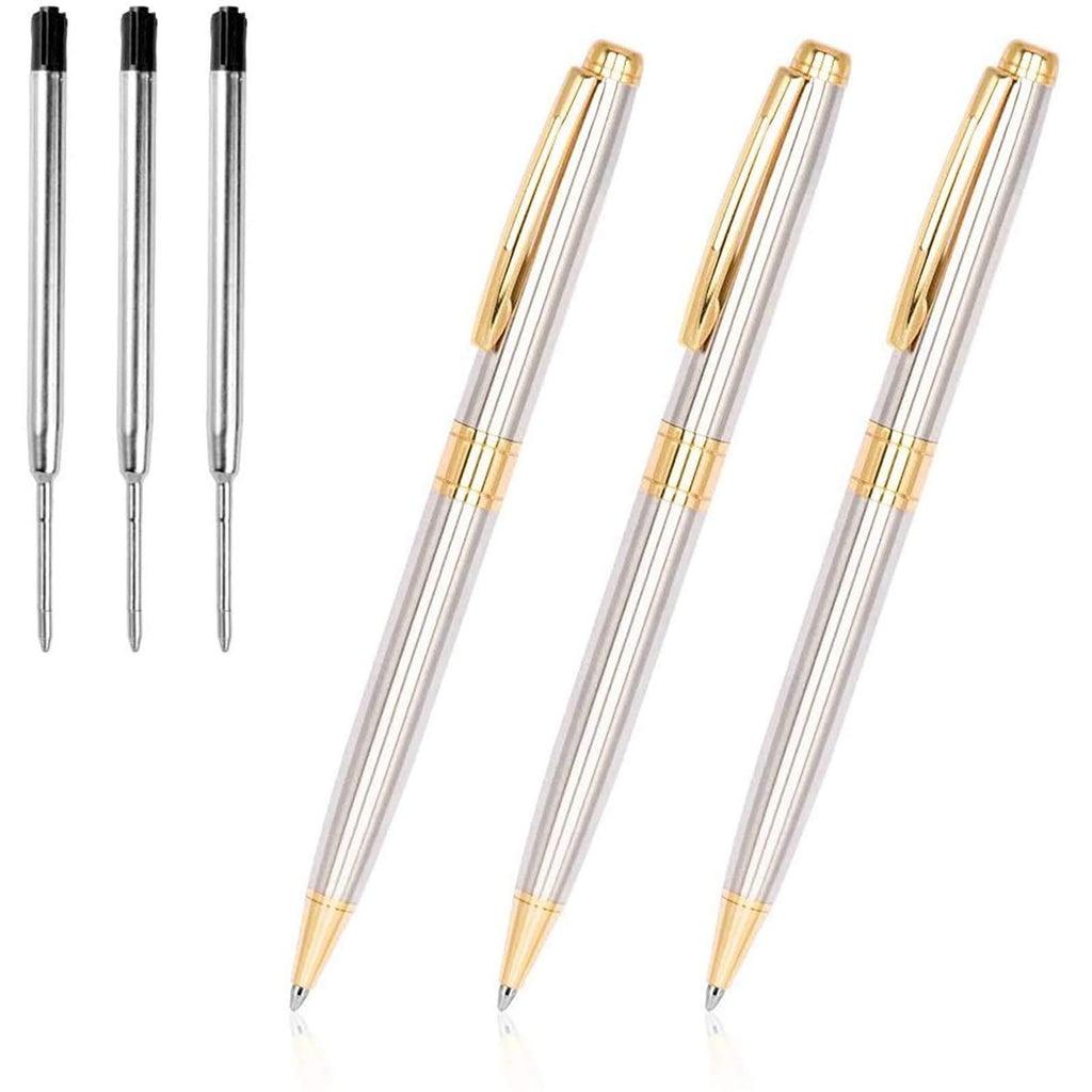 Ballpoint Pens, Cambond Metal Black Ink Stainless Steel Retractable Ballpoint Pen Gift for Men Women Ballpoint Pens Bulk Office Pen Pack (1.0mm) Medium Point 3 Pens with 3 Refills (Gold) Gold