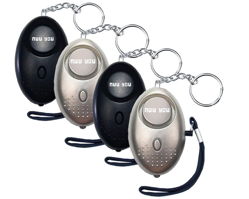 Nuu You Personal Alarms for Woman Siren 140 DB with LED Light (4 Pack) Small Safety Sound Alarm Keychain for Personal Alarm Women/Kids/Girls/Elderly Self Defense Device Policeman Recommend Silver & black