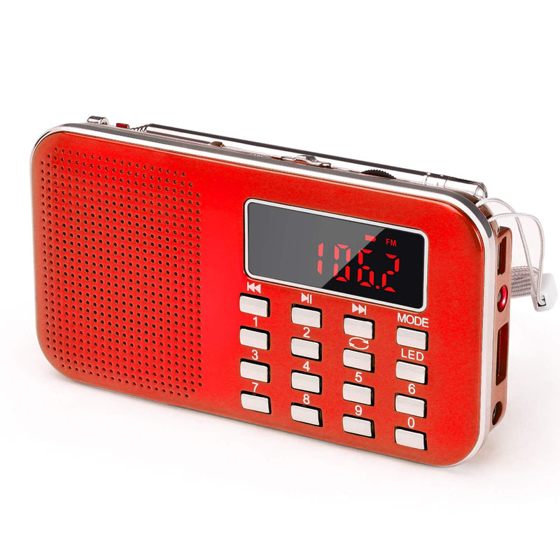 Mini Portable Radio AM FM Pocket Radio with MP3, LED Flashlight, Digital Radio Speaker Support Micro SD/TF Card/USB, Auto Scan Save, 1200mAh Rechargeable Battery Operated, by PRUNUS[Latest Version] Red