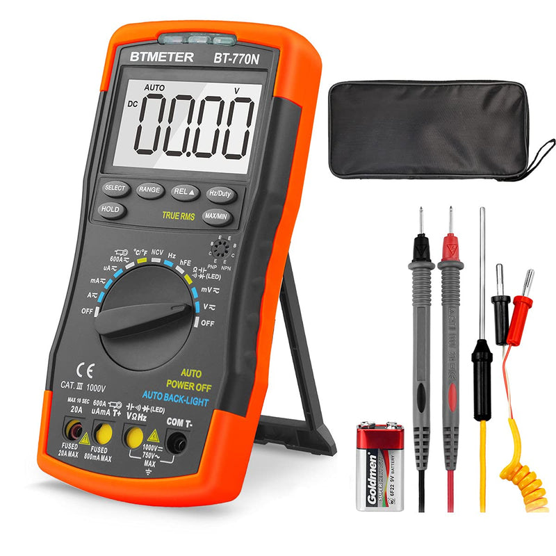 BTMETER BT-770N TRMS Auto Manual Ranging Multimeters, 6000 Counts Digital Multimeter AC DC Amp Ohm Volt Meter hFE LED Capacitor Tester to 99.99mF with Thermometer Backlit