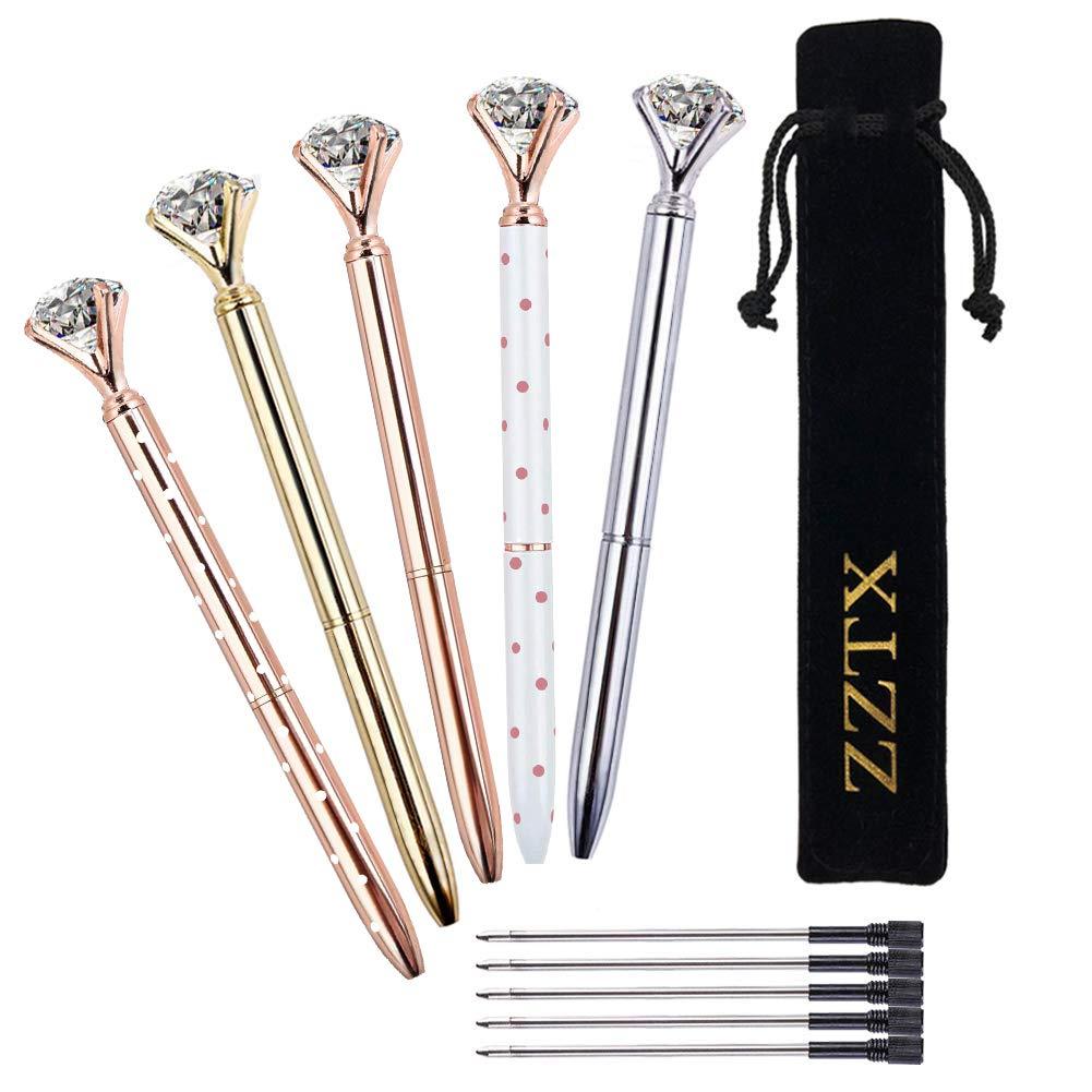 ZZTX 5 PCS Big Crystal Diamond Ballpoint Pen Bling Metal Ballpoint Pen Office Supplies, Rose Gold/Silver/Gold/White With Rose Polka Dots/Rose Gold With White Polka Dots, Includes 5 Black Velvet Bags