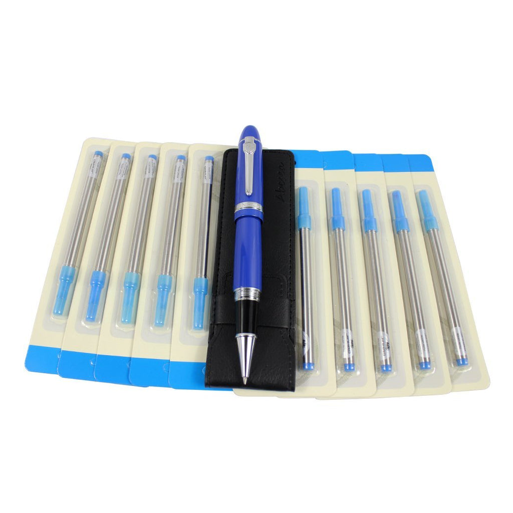 Abcsea 1PCS Heavy Big Rollerball Pen 159 and 10PCS Blue Ink Rollerball Pen Refill, Spiral Ballpoint Pen Refills with Cover, Roller Ball Refills, Medium Point - Blue Pen and Blue Spiral Refills (0.7MM) Blue Pen and Silver Buckle