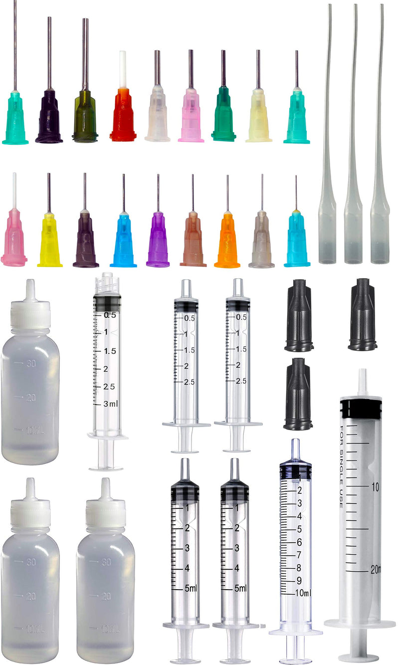 Dispensers Applicator Kit - Syringes,Plastic Squeeze Bottles and Needle Tips,Works for Precisely Delivery Grease,Oil Dispensing,Liquid Glue and Ink