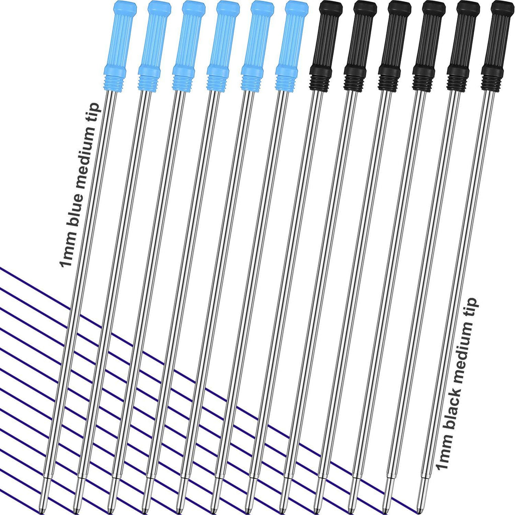 TecUnite 4.5 Inch 12 Pieces Ballpoint Pen Refills Replaceable Smooth Writing Ballpoint Refill with Black Velvet Bag, Black and Blue