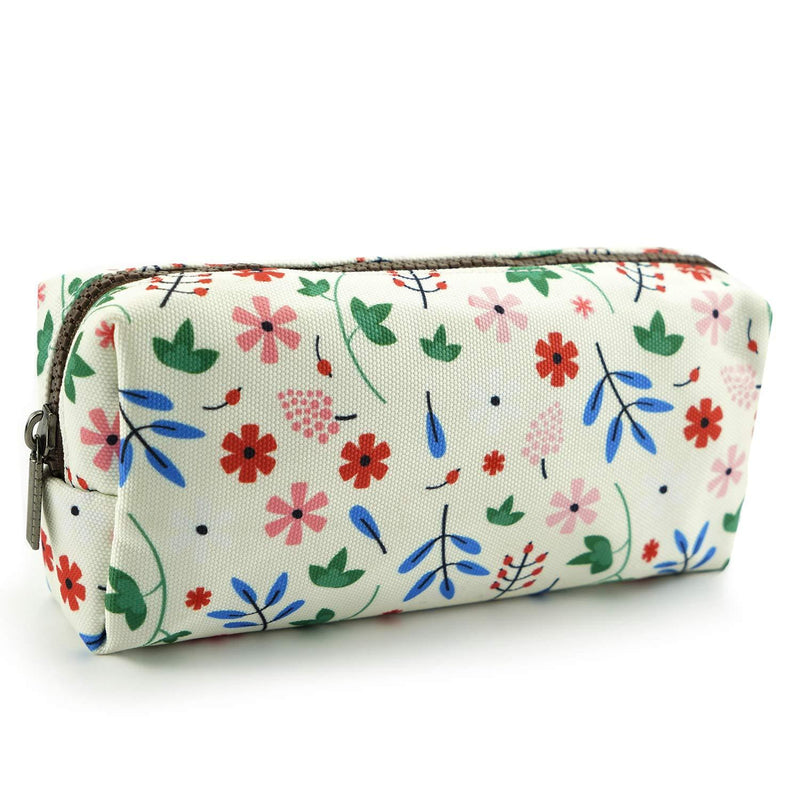 LParkin Floral Large Capacity Flower Canvas Pencil Case Teacher Gift Gadget Pen Bag Pouch Stationary Case Makeup Cosmetic Student Bag Box White
