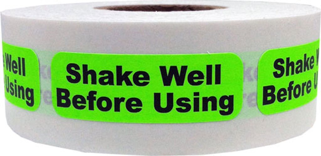 Fluorescent Green with Black Shake Well Before Using Stickers, 0.5 x 1.5 Inches in Size, 500 Labels on a Roll