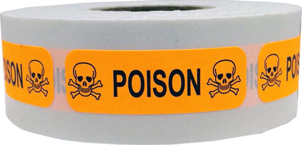 Fluorescent Orange with Black Poison Stickers, 0.5 x 1.5 Inches in Size, 500 Labels on a Roll