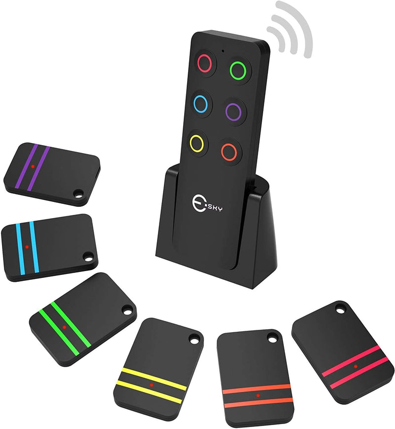 Key Finder, Esky 80dB RF Item Locator with 100ft Working Range, Wireless Wallet Tracker with 1 Transmitter and 6 Receivers for Finding Key, Remote, Pet and Wallet, Batteries Included-Black Black