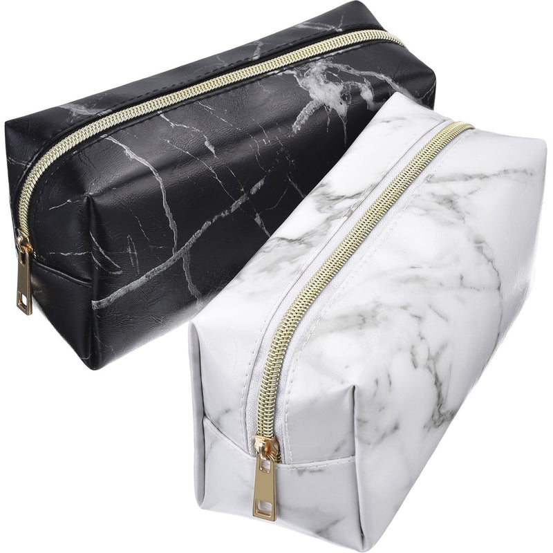 2 Pieces Cosmetic Toiletry Makeup Bag Pouch Gold Zipper Storage Bag Marble Pattern Portable Makeup Brushes Bag (S, White and Black) Small (2 Count)