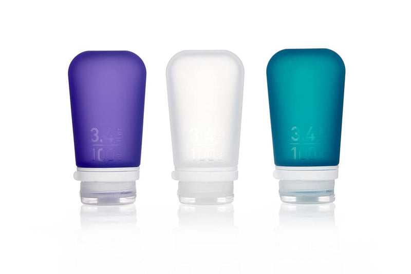 humangear GoToob+ Refillable Silicone Travel Size Bottles with Locking Cap, 3pk Set, Clear/Purple/Teal, Large (3.4oz) Large (3.4oz)