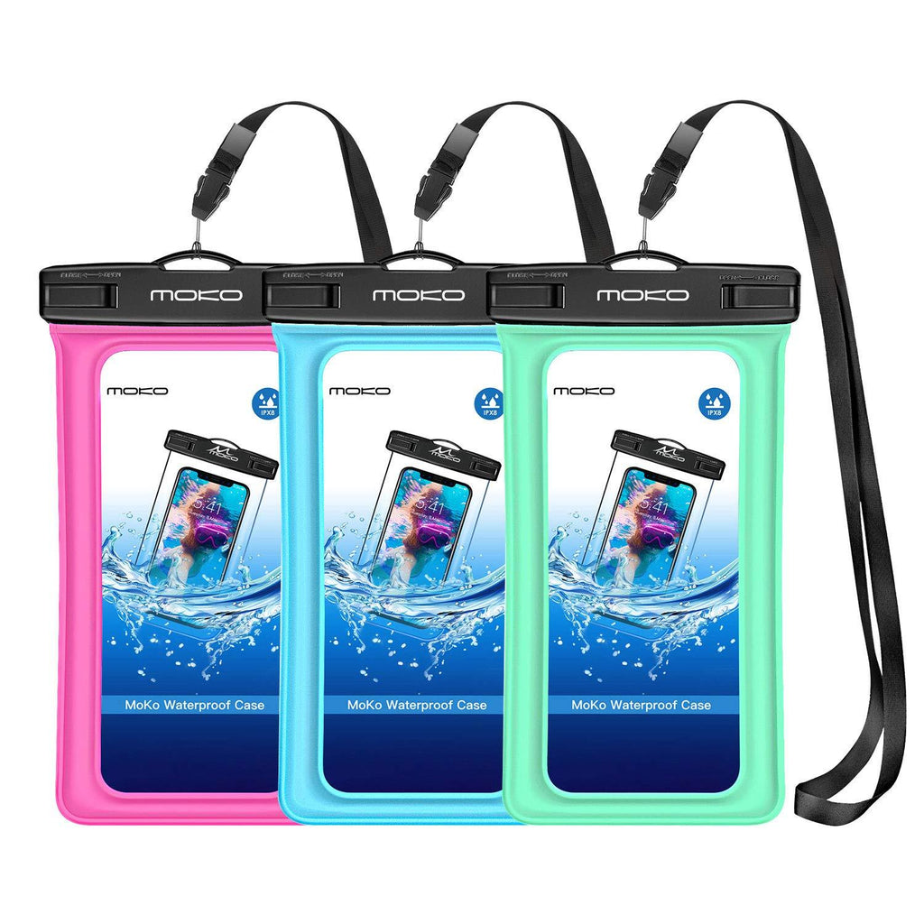 MoKo Floating Waterproof Phone Pouch Holder [3 Pack], Floatable Phone Case Dry Bag with Lanyard Armband Compatible with iPhone 12 Mini/12 Pro, iPhone 11 Pro, X/Xr/Xs Max,8, Samsung S21/S10/S9, Note 10 Magenta+Sky Blue+Light Green