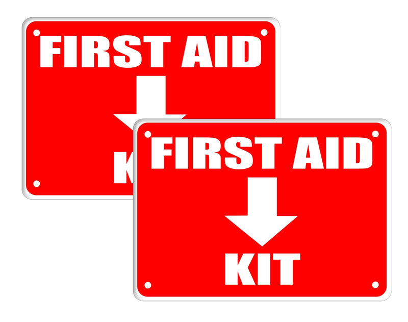 2 Pack First Aid Safety Sign For Emergency Kit, Clear Visible 7" x 10", Easy To Install, Durable Water Resistant for Indoor and Outdoor Use