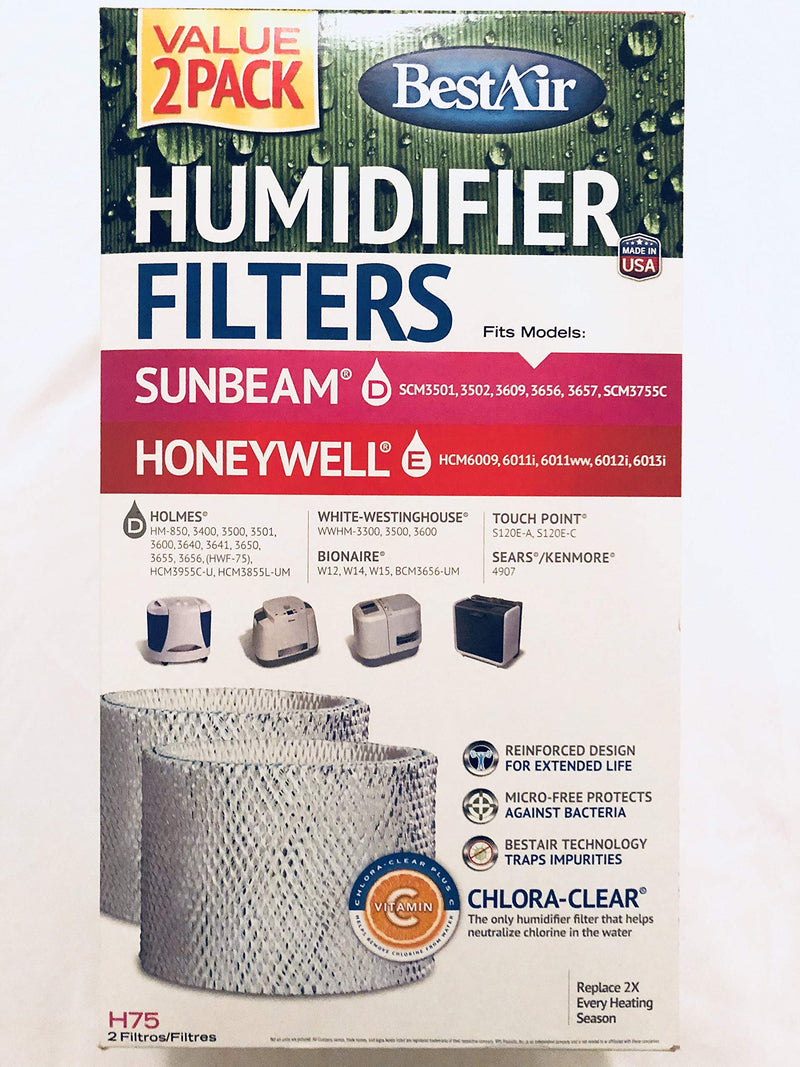 BestAir H75-2 Pack, Holmes Replacement, Paper Wick Humidifier Filter, 7.9" x 2.6" x 14"