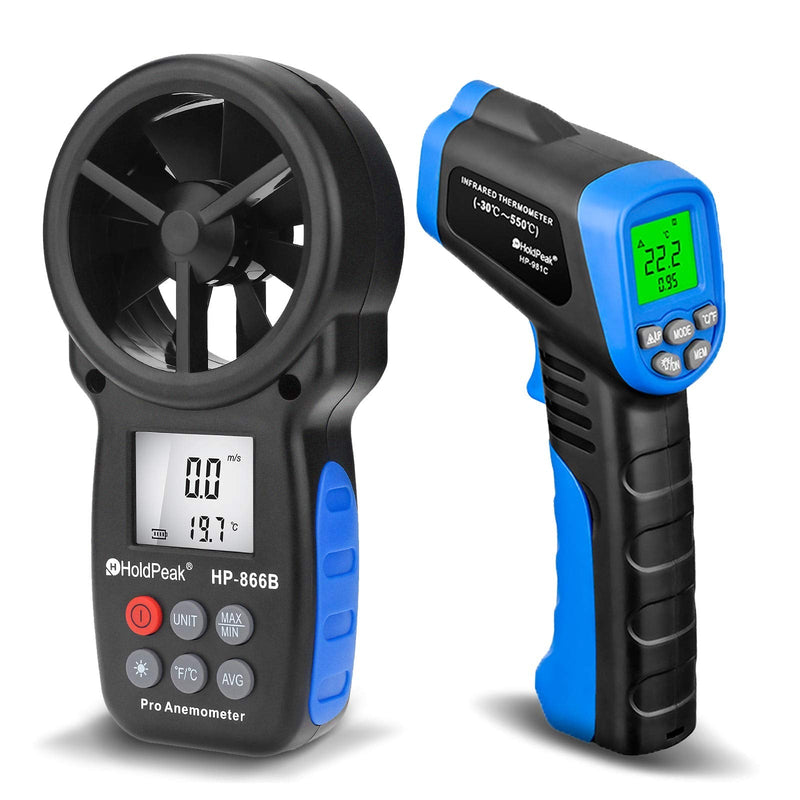 HOLDPEAK 981C Non-Contact Infrared Thermometer Digital Laser Infrared Thermometer -58 to 1022℉ (-50 to 550℃) with Adjustable Emissivity + 866B Digital Anemometer Handheld Wind Speed Meter (2Packs) 866B Anemometer + 981C Thermometer(58-1022℉）