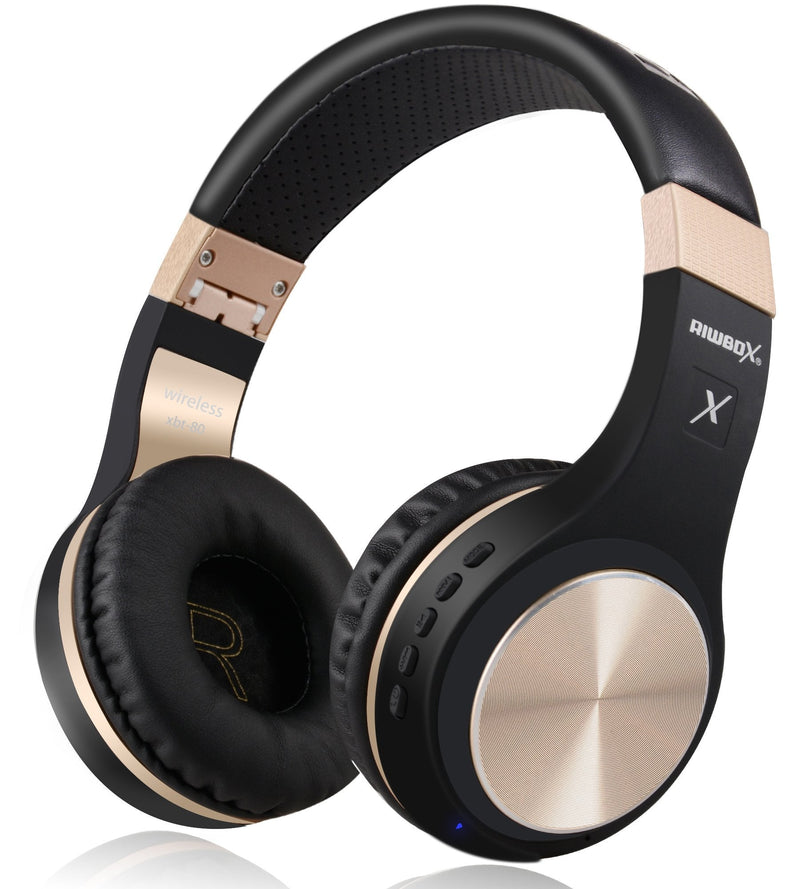 Bluetooth Headphones, Riwbox XBT-80 Folding Stereo Wireless Bluetooth Headphones Over Ear with Microphone and Volume Control, Wireless and Wired Headset for PC/Cell Phones/TV/ipad (Black Gold) Black Gold