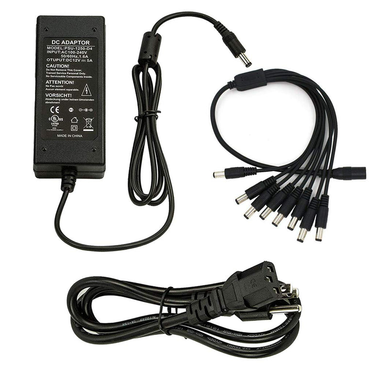 InstallerCCTV Security Camera Power Adapter 12V 5A w/ 8-Way Power Splitter Cable Power Supply, Fits DVR/NVR/AHD/TVI CCTV Security Camera System, LED Strip Lights, UL Listed