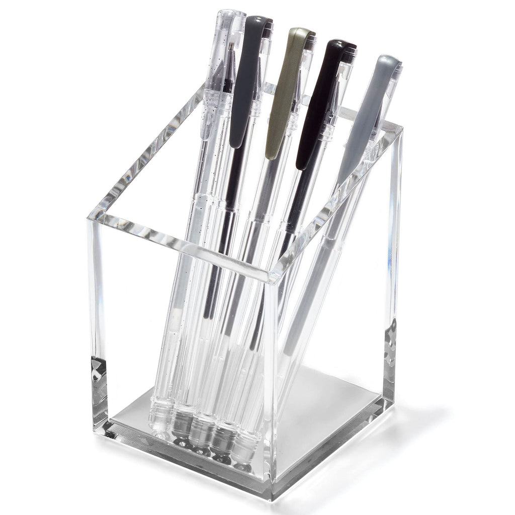 Acrylic Pencil & Pen Holder - Silver Desk Organizer or Makeup Brush Holder for Vanity - Sleek Modern Design for Office or Home