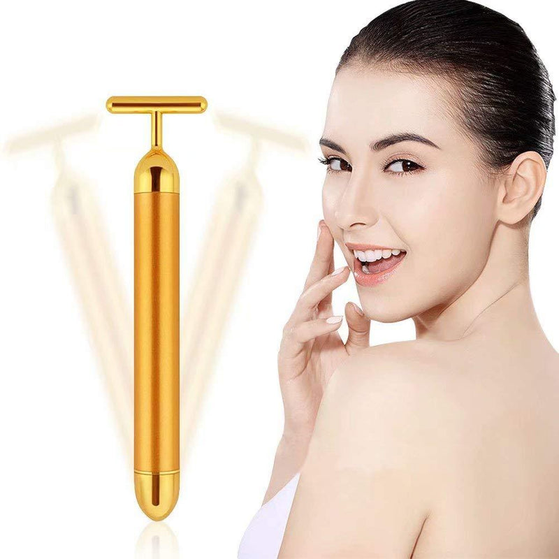 GOODYBUY Beauty Bar 24k Gold Skin Care Face Massager Roller, 2 in 1 Electric 3D Roller and T Shape Energy Beauty Bar for Face Lift and Skin Tightening