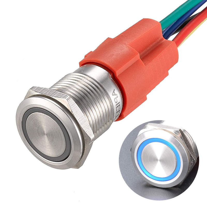 APIELE 16mm Momentary Push Button Switch On Off Stainless Steel with 12V LED Angel Eye Head for 16mm 0.63" Mounting Hole with Wire Socket Self-Reset (Blue) Silver Shell Blue