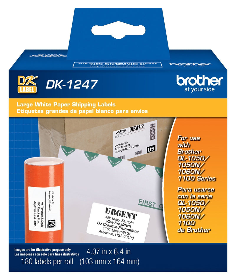 Brother Genuine DK-1247 Die-cut Large Shipping White Paper Labels for Brother QL Label Printers – 180 Labels per Roll 4.07” x 6.4” (103mm x 164 mm) 1 Roll