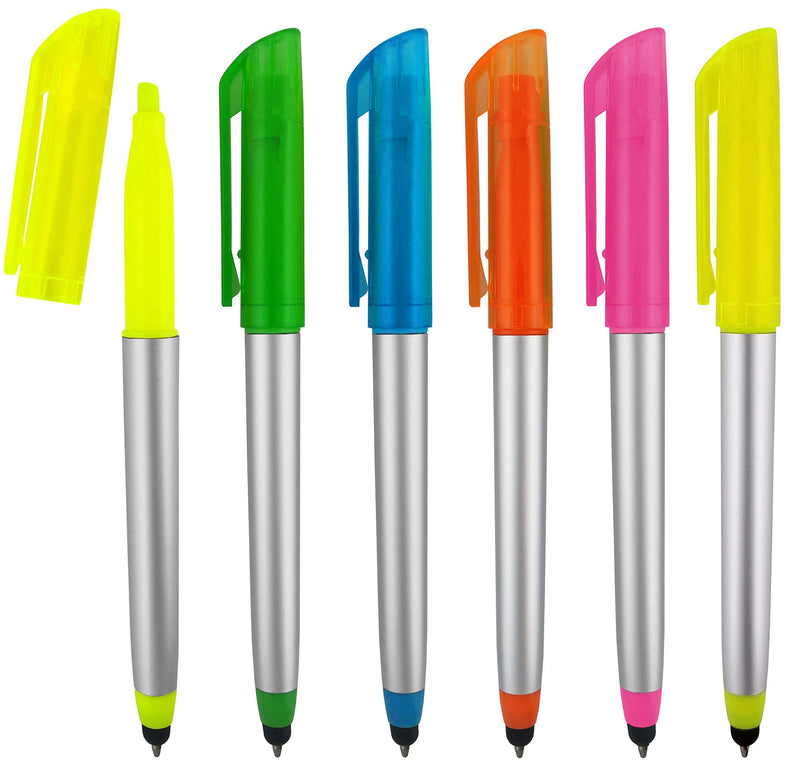 Stylus Ballpoint Pen with Highlighter Tips, 3 in 1 Stylus for Touchscreens, Highlighter and Writing Pen, Bright Highlighter Colors, Black Ballpoint Ink, Pack of 5 5 Pack