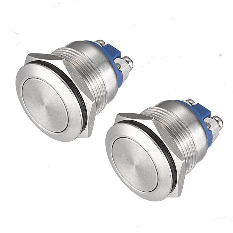 (Pack of 2) 19mm Momentary Push Button Switch Waterproof Stainless Steel Metal Flat Top 12V 24V 36 DC 110V 250V AC 5A 1NO SPST Screw Terminal APIELE Flat Round