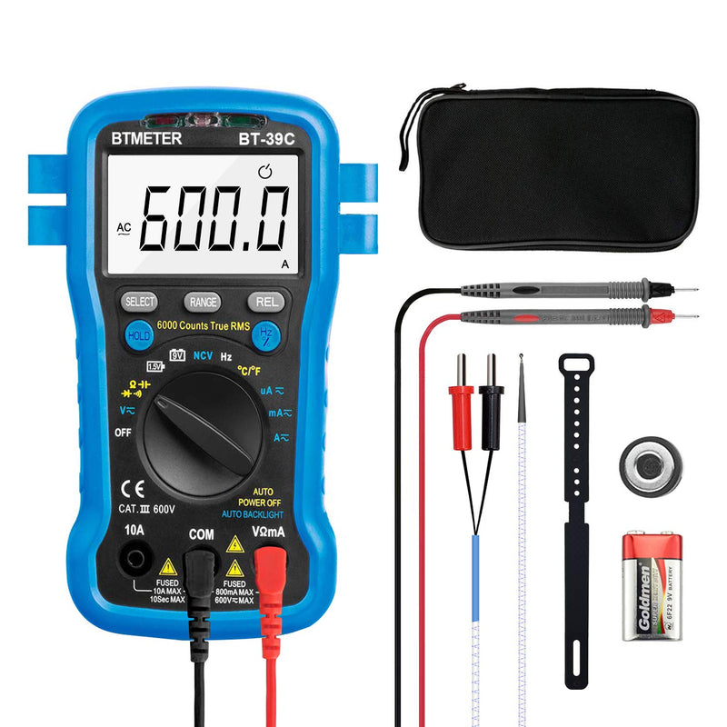 BTMETER BT-39C True RMS Multimeter, Auto Range Digital Avometer 6000 Counts Accurate Measures AC/DC Amps, Volts, Ohms, Capacitance,Frequency with Auto Backlight, NCV Temp Test BT-39C W/ Temp Measurement (BLUE)