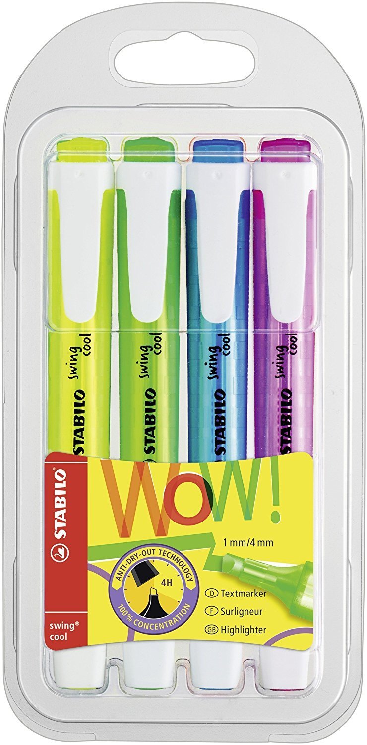 2 x Stabilo Swing Cool 2-Line Widths Highlighters, 1mm and 4mm tip - 4-Color Wallet Set