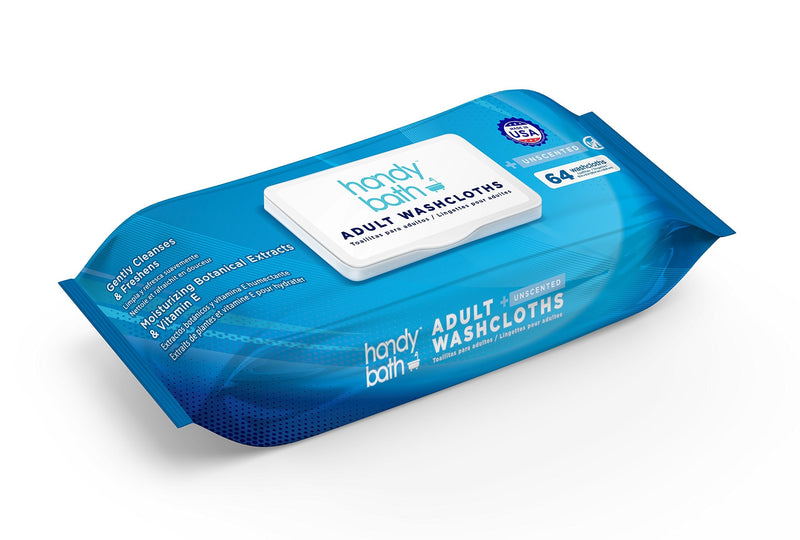 Handybath Incontinence Adult Washcloths Rinse-Free 64 Wipes Pouches Unscented Containing Washcloths Wipes Size 12 x 9" Each Made with Aloe & Chamomile for Adult Care Camping Outdoor Activities
