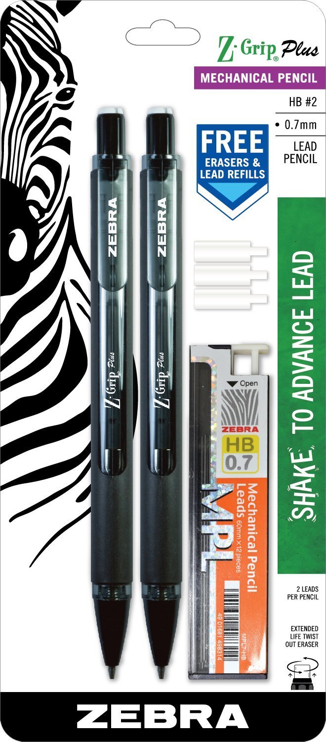 Zebra Z-Grip Plus Mechanical Pencil, 0.7mm, Bonus Lead and Erasers, Black Barrel, 2-Count