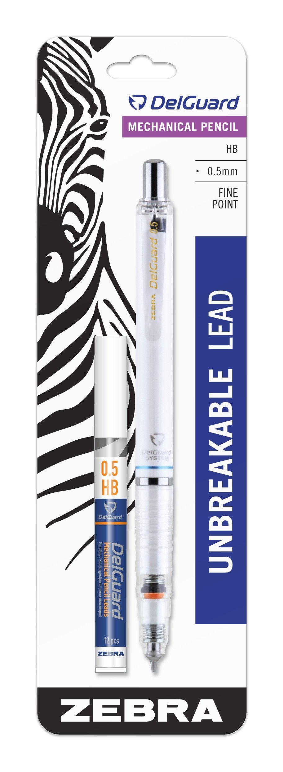 Zebra Pen DelGuard Mechanical Pencil with Lead Refill, Fine Point, 0.5mm, White Barrel, Standard #2 HB Lead, Refillable, 1-Pack (58691)