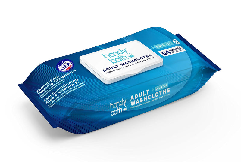 Handybath Incontinence Adult Washcloths Scented for Senior Care or Outdoor Activities - Extra Large 12 x 9" Towels -Cleaning Wipes with Aloe & Chamomile - Rinse Free - 64 Count Pack (1 Pack) 64 Count (Pack of 1)