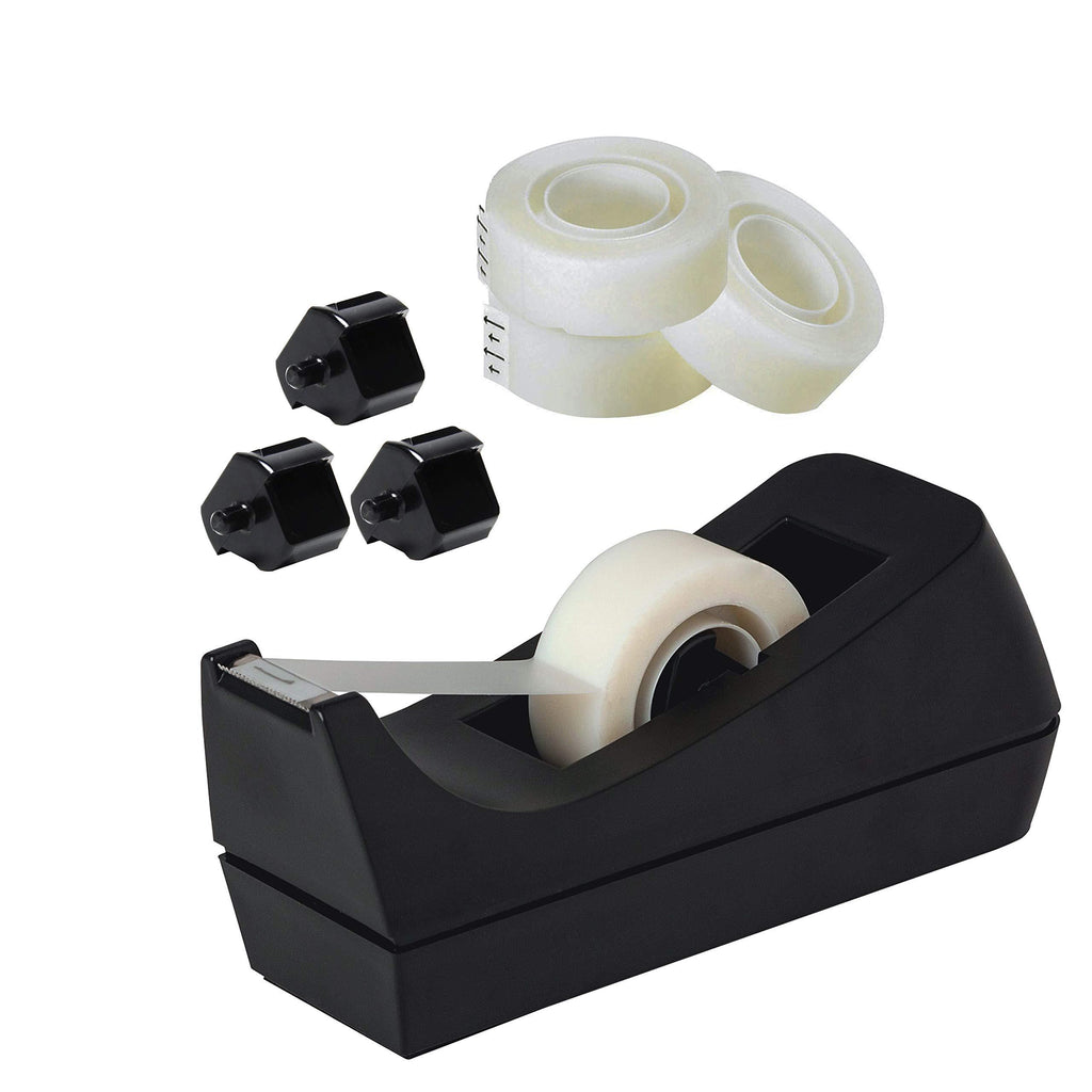 Desktop Tape Dispenser Black Non-Skid Base with 3 Premium Rolls Invisible Tape with 2 Extra Tape Dispenser Replacement Core