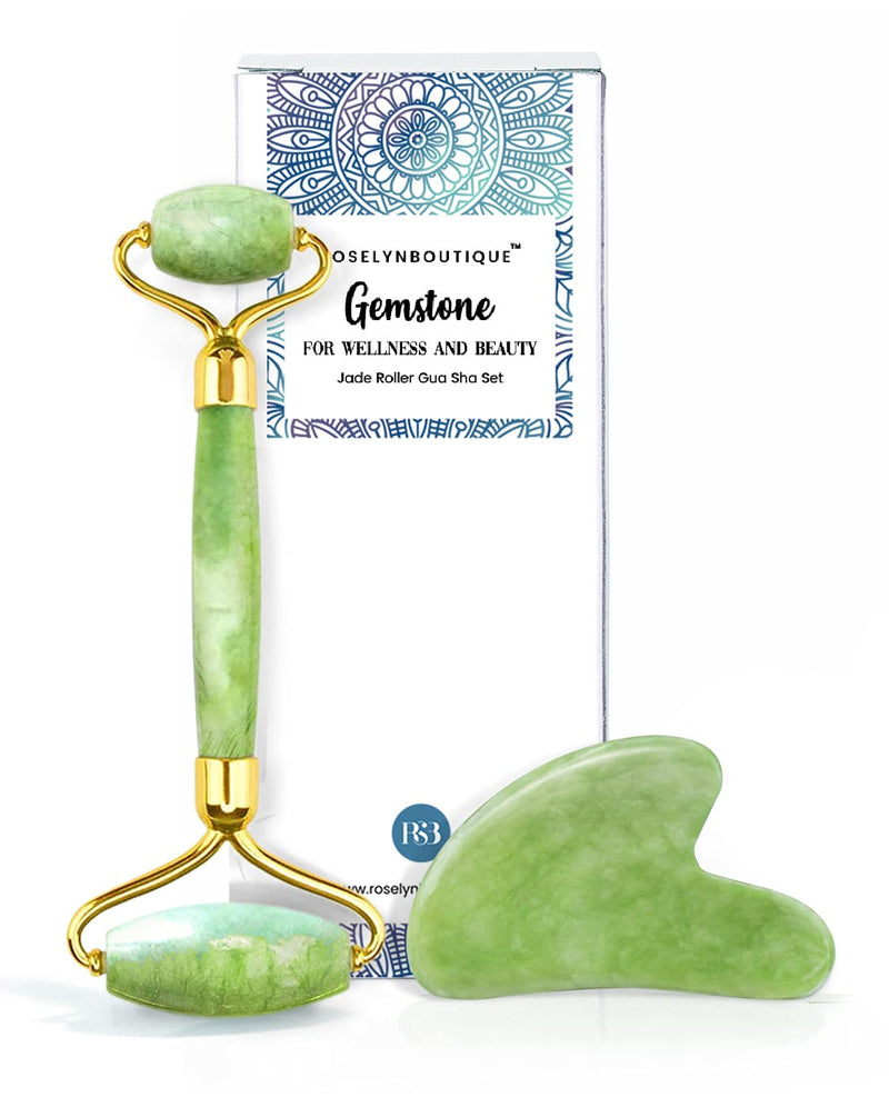 RoselynBoutique Jade Roller Gua Sha Massage Tool Set - Beauty Facial Skin Roller Massager Muscle Relaxing Relieve Wrinkles - Original Natural Jade Stone… Green
