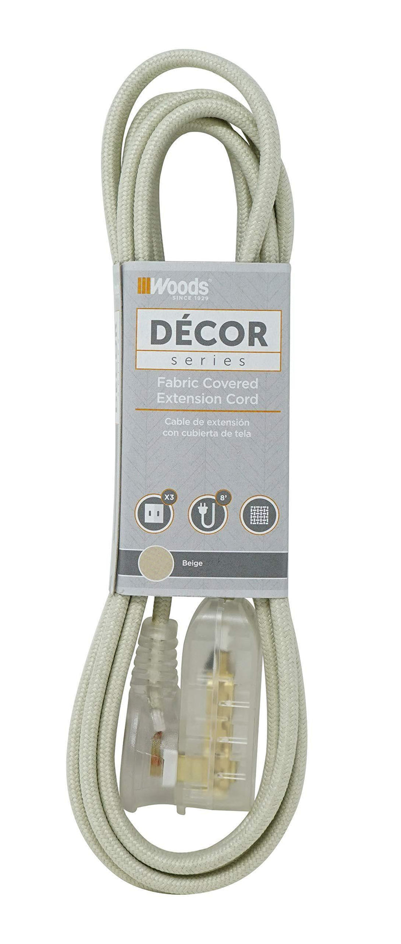 Woods 64598301 Decor Series 8-Foot Fabric Braided Indoor Extension Cord with Lighted Ends, 3 Polarized 2-Prong Outlets, Right Angle Plug, 125 Volts, Beige