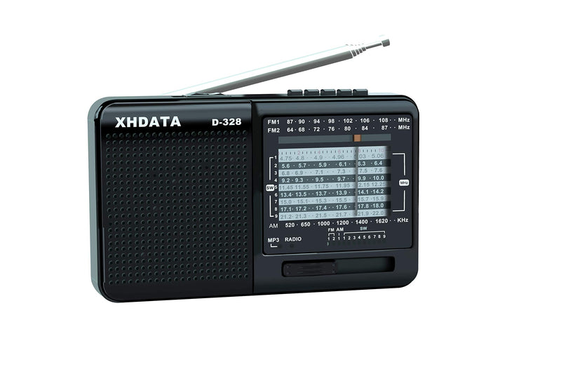 XHDATA D-328 Shortwave AM FM DSP Portable Small Multi Band Radio Stereo MP3 Player with Rechargeable Battery Earphone Jack Portable Multimedia Speaker with USB Micro SD Card Jack (Black) Black
