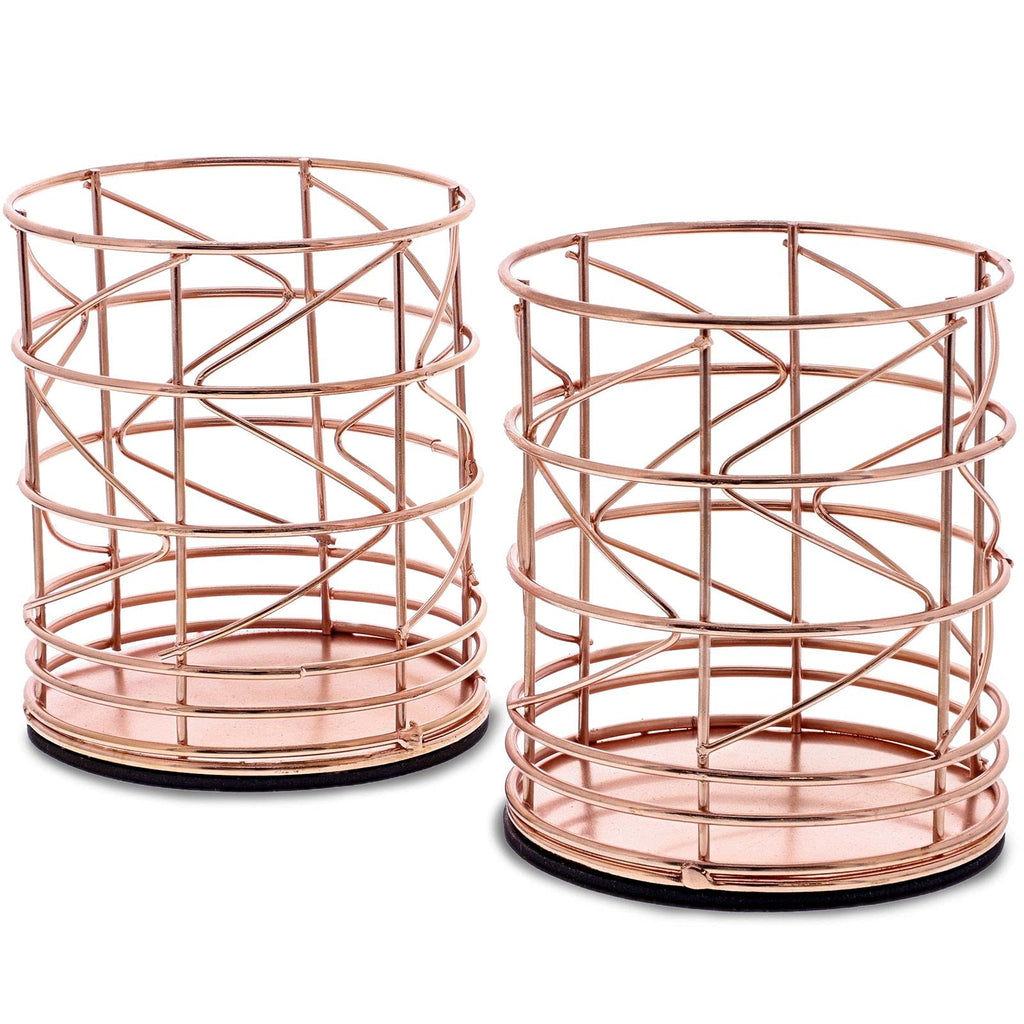 Juvale 2-Pack Rose Gold Metal Wire Makeup Brush Pencil Holders, 3.5 x 3.5 x 4 Inches