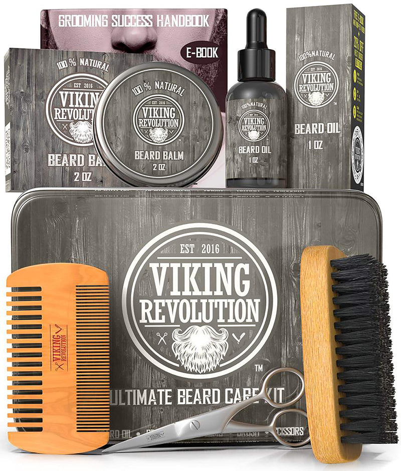 Viking Revolution Beard Care Kit for Men - Ultimate Beard Grooming Kit includes 100% Boar Menâ€™s Beard Brush, Wooden Beard Comb, Beard Balm, Beard Oil, Beard & Mustache Scissors in a Metal Box 6 Piece Set