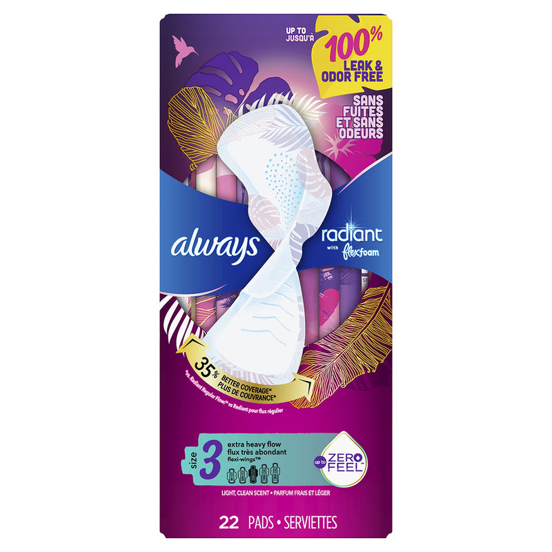 Always Radiant Pads, Size 3, Extra Heavy Flow Absorbency, Scented, 22 Count