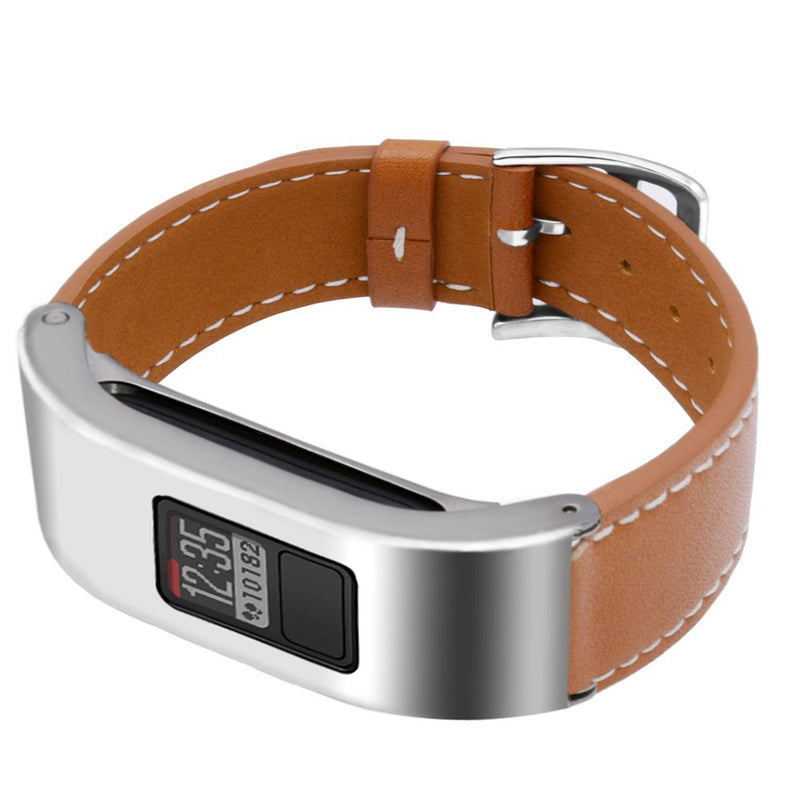 C2D JOY Leather Strap Compatible with Garmin vivofit 3 Bands Replacement with Silver Metal Case for Women Men works with vivofit 3 Brown band with Silve case